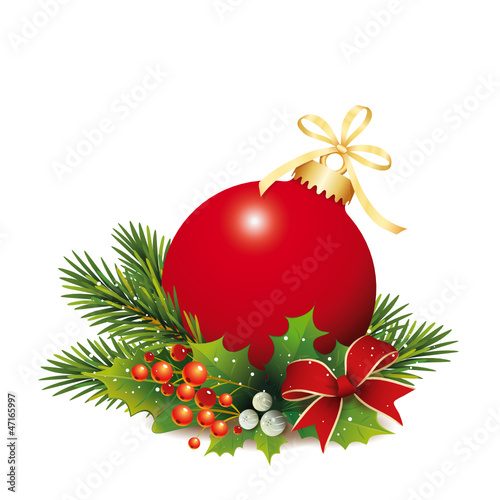 Vector: Rote Weihnachtskugel mit Tannenzweige Rote Weihnachtskugel mit Tannenzweige