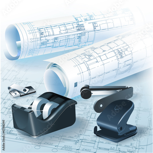 Vector: Architectural background with rolls of drawings for your busines Architectural background with rolls of drawings for your busines