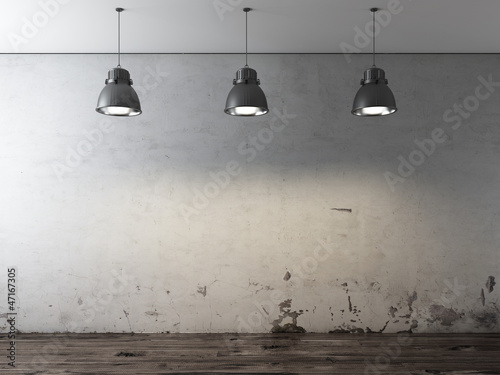 Illustration: Room with ceiling lamps and grunge wall Room with ceiling lamps and grunge wall