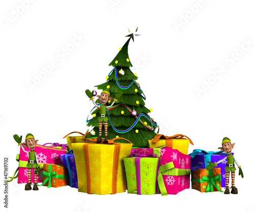 Illustration: Mini Elves On Presents With Christmas Tree Mini Elves On Presents With Christmas Tree