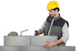 Mason mounting a brick wall