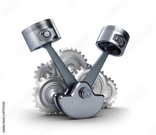 Illustration: Pistons and gears, isolated 3d icon Pistons and gears, isolated 3d icon