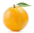Ripe orange fruit with leaf and water drops isolated on white