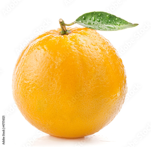 Photo: Ripe orange fruit with leaf and water drops isolated on white Ripe orange fruit with leaf and water drops isolated on white