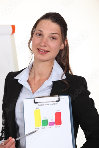 Photo: Woman holding up the results of a poll Woman holding up the results of a poll