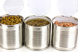 Open tin cans of french bean, beans and peas isolated on white