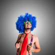 Funny guy naked with blue wig and red tie