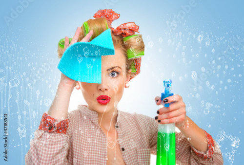 Photo: housewife with rag / wipe and cleaning spray for window housewife with rag / wipe and cleaning spray for window
