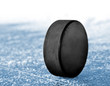 black hockey puck on ice rink