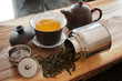 Cup of green tea and accessories