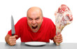 Angry hungry man (boss) with knife and raw bloody meat.