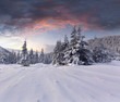 Beautiful winter landscape in the mountains. Sunrise