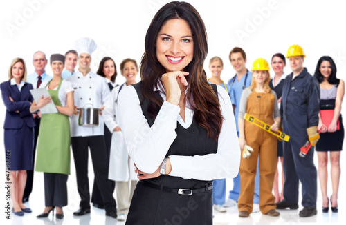 Photo: Business woman and group of workers people. Business woman and group of workers people.