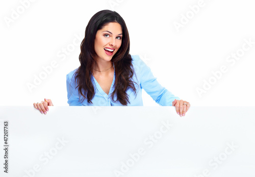 Photo: Happy woman with banner. Happy woman with banner.