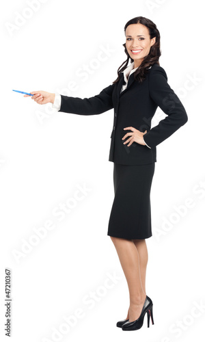 Photo: Business woman showing, isolated Business woman showing, isolated