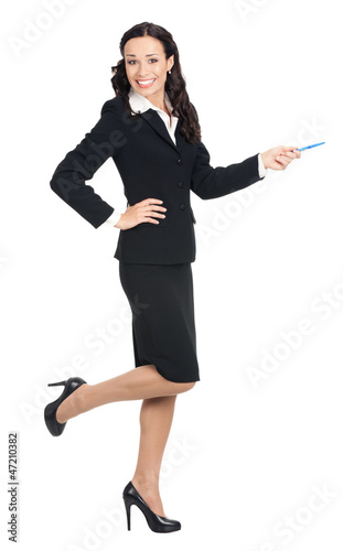 Photo: Business woman showing, isolated Business woman showing, isolated
