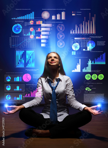 Photo: Business woman with financial symbols around Business woman with financial symbols around