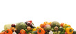 A pile of fresh and tasty fruits and vegetables on white