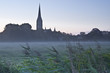 Salisbury cathedral on a misty morning.