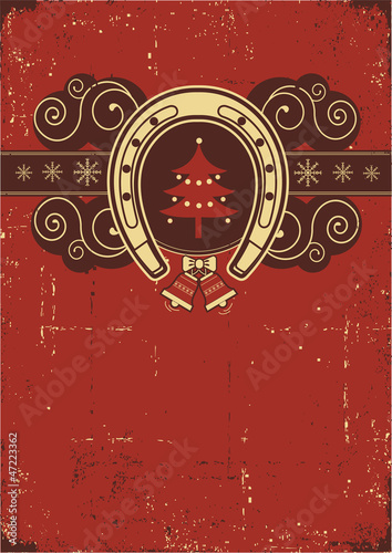 Illustration: Vintage red Christmas background with horseshoe and tree Vintage red Christmas background with horseshoe and tree