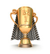 Golden trophy and  racing flag