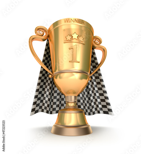 Illustration: Golden trophy and racing flag Golden trophy and racing flag