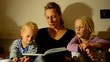 Mutter ließt Kindern im Bett eine Geschichte vor