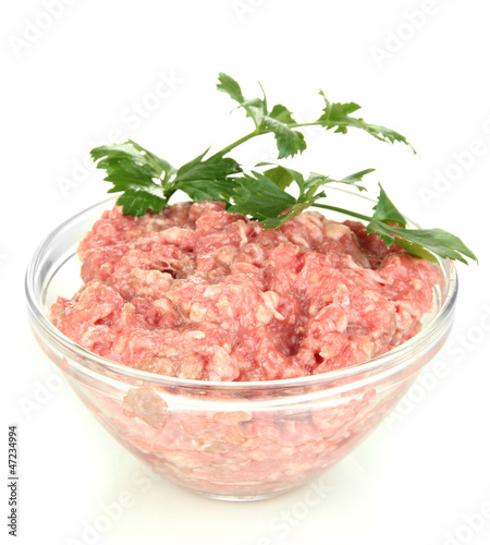 Photo: Bowl of raw ground meat isolated on white Bowl of raw ground meat isolated on white