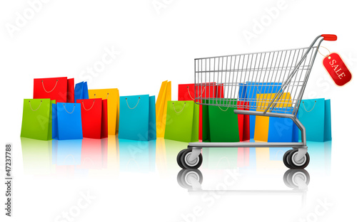 Vector: Background with shopping color bags and shopping cart with sale. Background with shopping color bags and shopping cart with sale.