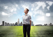 Businesswoman agaisnt virtual background