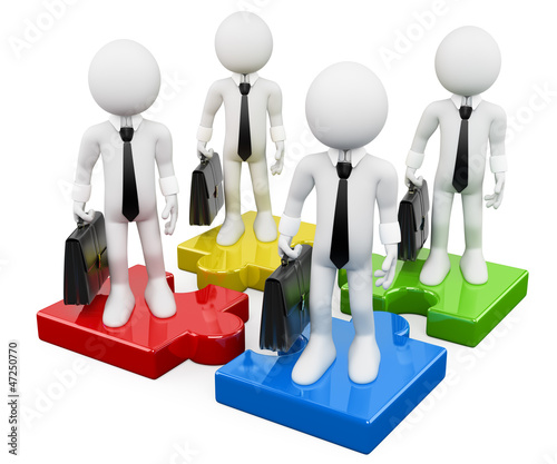 Illustration: 3D white business people. Business teamwork on puzzle pieces 3D white business people. Business teamwork on puzzle pieces