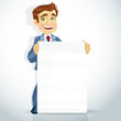 cute businessman show big poster for presentation