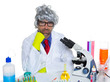 Carzy pensive nerd scientist at chemical laboratory