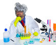 Carzy pensive nerd scientist at chemical laboratory