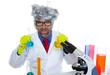 Crazy nerd scientist silly man on chemical laboratory