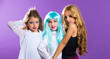 children group of fashiondoll fashion girls on purple