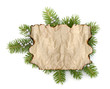 Photo: Old parchment paper with copy space on Christmas tree branch bac Old parchment paper with copy space on Christmas tree branch bac