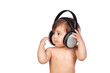 Adorable baby girl with big headphones