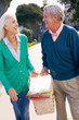 Senior Couple Walking In Park Together With Picnic Basket