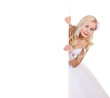 beautiful bride behind white board with space for text