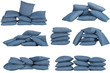 seven stacks of blue denim pillows