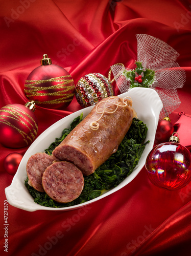 Photo: pork sausage over christmas table pork sausage over christmas table