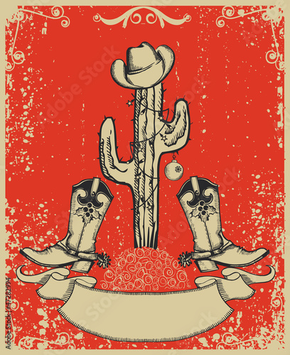 Illustration: Grunge red christmas card with cowboy boots and cactus on old pa Grunge red christmas card with cowboy boots and cactus on old pa