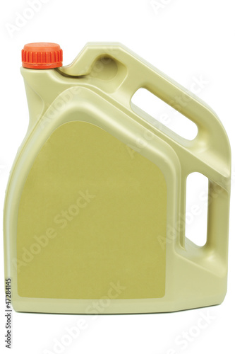 Photo: Engine oil can with a red cap on a white background Engine oil can with a red cap on a white background
