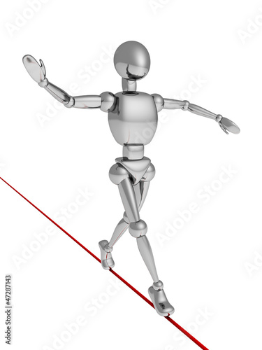 Illustration: balancer metallic human character walking on red rope balancer metallic human character walking on red rope