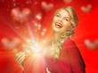 lovely woman in red dress with valentine gift box