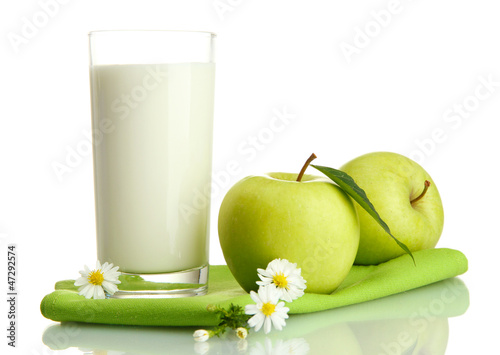 Photo: Glass of kefir and green apples, isolated on white Glass of kefir and green apples, isolated on white