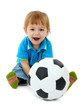 cute little boy with football ball, isolated on white