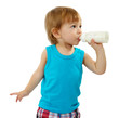cute little boy with bottle of milk, isolated on white