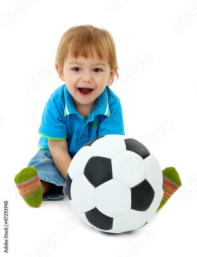 Photo: cute little boy with football ball, isolated on white cute little boy with football ball, isolated on white